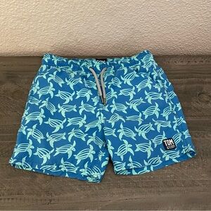 Youth boys Tom & Teddy Blue Swim Shorts with Turtle Print